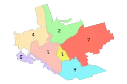 Administrative map of Zaporizhzhia; the Oleksandrivskyi District is indicated by the number 1.