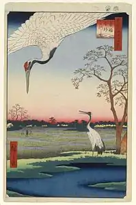 One Hundred Famous Views of Edo, 1857 Hiroshige. Until 19c there was a wintering site for the cranes in the paddy fields, which is now completely urbanized as a part of Tokyo metropolis.