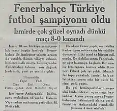 Turkish newspaper Akşam announcing the Turkish championship title of Fenerbahçe on 11 November 1933