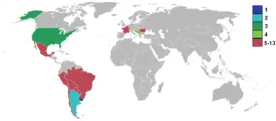 World map highlighting competing nations, colour-coded by finishing position with the top four marked separately (Uruguay 1, Argentina 2, United States 3, Yugoslavia 4). Most of the Americas are shaded, with small representation in Europe. Other continents are entirely unshaded.