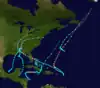 Tracking map of five tropical storms in the Atlantic Ocean, concentrated near the United States.