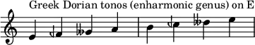  {
\override Score.TimeSignature #'stencil = ##f
\relative c' {
  \clef treble \time 4/4
  e4^\markup { Greek Dorian tonos (enharmonic genus) on E } feh geses a b ceh deses e
} }
