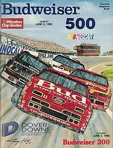 The 1990 Budweiser 500 program cover, featuring Geoff Bodine.