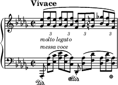 
\new PianoStaff <<
\new Staff = "Up" \with { \magnifyStaff #3/4 } <<
\new Voice \relative c' {
\clef treble
\key des \major
\tempo "Vivace"
\set Score.tempoHideNote = ##t \tempo 2 = 69

\time 2/2
\tupletSpan 4
\stemUp
\override TupletNumber.Y-offset = #-3
\override TupletNumber.X-offset = #3
\tuplet 3/2 {<ges' ees'>8_\markup{\italic molto \italic legato}^([<aes f'> <ges ees'>] <aes f'> <ges ees'> <aes f'> <f des'> [<ges ees'> <g e'>] <bes ges'!> <aes f'> <f des'>)}
}
>>
\new Staff = "Down" \with { \magnifyStaff #3/4 } <<
\new Voice \relative c{
\clef bass
\key des \major
\omit TupletNumber
\omit TupletBracket
\tuplet 3/2 {aes,8-.^\markup{\italic messa \italic voce} \sustainOn <c' aes'> ([<ees c'>] <aes ees'> <ees c'> <c aes'> \sustainOff) des,-. \sustainOn <des' aes'> ([<f des'>] <des aes'> <f des'> <des aes'> \sustainOff)}
}
>>
>>
