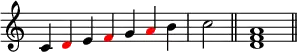 
{
\override Score.TimeSignature #'stencil = ##f
\relative c' {
  \clef treble
  \time 7/4 c4 \once \override NoteHead.color = #red d e \once \override NoteHead.color = #red f g \once \override NoteHead.color = #red a b \time 2/4 c2 \bar "||"
  \time 4/4 <d, f a>1 \bar "||"
} }
