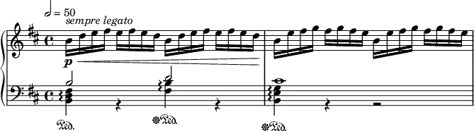 
  \new PianoStaff <<
    \new Staff {
      \time 4/4
	  \tempo 2=50
      \clef treble
      \key b \minor
      \relative c'' {
        % funky repeat necessitated by the markup
        b16^\markup { \italic "sempre legato" }
		\repeat unfold 2 { d e fis e fis e d }
        \alternative { { b } { } } |
        \repeat unfold 2 { b e fis g fis g fis e } |
      }
    }
	\new Dynamics { s1\p\< | s1\! | }
    \new Staff {
      \clef bass
      \key b \minor
	  <<
	    \relative c' {
		  \voiceOne
		  b2\sustainOn d\sustainOff\sustainOn |
		  cis1\sustainOff\sustainOn |
		}
		\new Voice {
		  \voiceTwo
		  \chordmode {
		    b,,4:m\arpeggio r
			<fis b>4\arpeggio r
			e,:m/b\arpeggio r r2 |
		  }
		}
	  >>
    }
  >>
