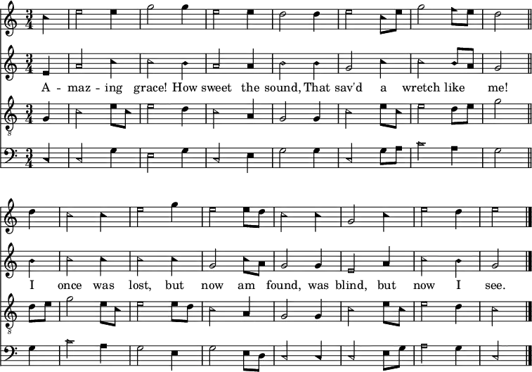 
<< <<
\new Staff { \clef treble \time 3/4 \partial 4 \key c \major \set Staff.midiInstrument = "flute" %sopran
  \set Score.tempoHideNote = ##t \override Score.BarNumber #'transparent = ##t
  \relative c'' { \sacredHarpHeads
  c4 | e2 e4 | g2 g4 | e2 e4 | d2 d4 | e2 c8 e | g2 f8 e | d2 \bar"||" \break
  d4 | c2 c4 | e2 g4 | e2 e8 d | c2 c4 | g2 c4 | e2 d4 | e2 \bar"|." }
}
\new Staff { \clef treble \key c \major \set Staff.midiInstrument = "flute" %alt
  \relative c' { \sacredHarpHeads
  e4 | a2 c4 | c2 b4 | a2 a4 | b2 b4 | g2 c4 | c2 b8 a | g2
  b4 | c2 c4 | c2 c4 | g2 c8 a | g2 g4 | e2 a4 | c2 b4 | g2 }
}
\new Lyrics \lyricmode {
A4 -- maz2 -- ing4 grace!2 How4 sweet2 the4 sound,2
That4 sav'd2 a4 wretch2 like4 me!2
I4 once2 was4 lost,2 but4 now2 am4 found,2
was4 blind,2 but4 now2 I4 see.2
}
\new Staff { \clef "treble_8"
  \key c \major \set Staff.midiInstrument = "oboe" %tenor
  \relative c' { \sacredHarpHeads
  g4 | c2 e8 c | e2 d4 | c2 a4 | g2 g4 | c2 e8 c | e2 d8 e | g2
  d8 e | g2 e8 c | e2 e8 d | c2 a4 | g2 g4 | c2 e8 c | e2 d4 | c2 }
}
\new Staff { \clef bass \key c \major \set Staff.midiInstrument = "flute" %bass
  \relative c { \sacredHarpHeads
  c4 | c2 g'4 | e2 g4 | c,2 e4 | g2 g4 | c,2 g'8 a | c2 a4 | g2
  g4 | c2 a4 | g2 e4 | g2 e8 d | c2 c4 | c2 e8 g | a2 g4 | c,2 }
}
>> >>
\layout { indent = #0 }
\midi { \tempo 4 = 80 }
