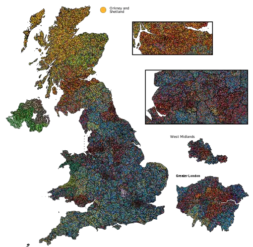 Results of the 2010 general election in the United Kingdom: voting distribution per constituency.