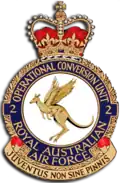 Crest of 2 Operational Conversion Unit, Royal Australian Air Force, featuring a winged kangaroo and the motto "Juventus Non Sine Pinnis"