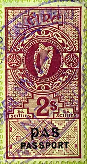 Irish 1925 Harp revenue stamp appropriated for Passports