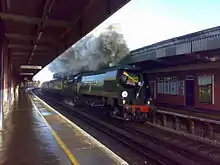 Green steam train, facing camera, making smoke, pictured between two station platforms