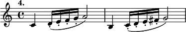 
%etude4
\relative c'
{  
\set Staff.midiInstrument = #"violin"
\time 4/4 
\tempo "4."
c4 d16-. (e-. f-. g-. a2) |
b,4 c16-. (d-. e-. fis-. g2)

}

