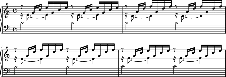 
{
      <<
      \new PianoStaff <<
        \new Staff <<
           \clef treble \key c \major \time 4/4
           \new Voice \relative c'' {
                \voiceOne r8 g16 c e g, c e r8 g,16 c e g, c e 
                r8 a,16 d f a, d f r8 a,16 d f a, d f
                r8 g,16 d' f g, d' f r8 g,16 d' f g, d' f
                r8 g,16 c e g, c e r8 g,16 c e g, c e 
                }
           \new Voice \relative c' {
                \voiceTwo r16 e8._~ e4 r16 e8._~ e4
                r16 d8._~ d4 r16 d8._~ d4
                r16 d8._~ d4 r16 d8._~ d4
                r16 e8._~ e4 r16 e8._~ e4
                }
            >>
        \new Staff <<
           \clef bass \key c \major \time 4/4
           \new Voice \relative c' {
                c2 c c c b b c c
                }
            >> >>
    >>  }
