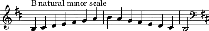  {
\omit Score.TimeSignature \relative c' {
  \key b \minor \time 7/4 b^"B natural minor scale" cis d e fis g a b a g fis e d cis b2
  \clef F \key b \minor
} }
