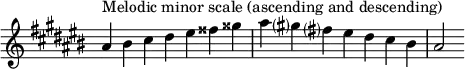  {
\omit Score.TimeSignature \relative c'' {
  \key ais \minor \time 7/4 ais^"Melodic minor scale (ascending and descending)" bis cis dis eis fisis gisis ais gis? fis? eis dis cis bis ais2
} }
