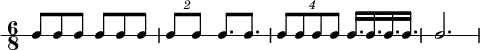  \new RhythmicStaff {
   \clef percussion
   \time 6/8
   \set Score.tempoHideNote = ##t \tempo 4 = 100
   c8 c c c c c
   \tuplet 2/3 { c8 c } c8. c
   \tuplet 4/3 { c8 c c c } c16. c c c
   c2.
}
