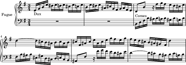 
\version "2.18.2"
\header {
  tagline = ##f
}

Dux         = { e16_\markup{Dux}  g b e dis e d e cis e c e | b e dis e ais, cis g fis g ais fis e }
ContreSujet = { d8 b' r16 fis'16 g fis e d cis e d4~ d16 cis b ais b cis ais b }
Comes       = { b16^\markup{Comes} d fis b ais b a b gis b g b fis b ais b eis, gis d cis d e cis b }

upper = \relative c' {
  \clef treble 
  \key e \minor
  \time 3/4
  \tempo 4 = 126
  \set Staff.midiInstrument = #"harpsichord"

   %% FUGUE CBT I-10, BWV 855, mi mineur
   \Dux \ContreSujet cis16 fis, ais cis e ais, cis e g fis e g fis e d cis b ais gis fis d'4~

}

lower = \relative c {
  \clef bass 
  \key e \minor
  \time 3/4
  \set Staff.midiInstrument = #"harpsichord" 
    
   R2.*2 \Comes ais8 fis' r16 fis'16 g fis e d cis e d4~ d16 cis b ais b cis a b
    
}

\score {
  \new PianoStaff <<
    \set PianoStaff.instrumentName = #"Fugue"
    \new Staff = "upper" \upper
    \new Staff = "lower" \lower
  >>
  \layout {
    \context {
      \Score
      \remove "Metronome_mark_engraver"
    }
  }
  \midi { }
}
