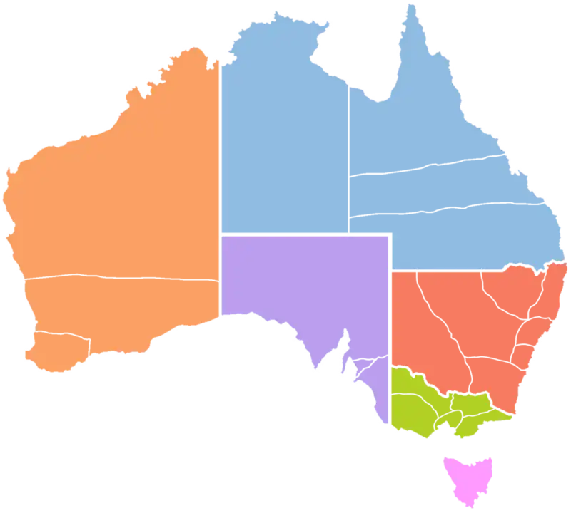 Australia map. The six provinces (shown in colour) and 23 dioceses of the Anglican Church of Australia