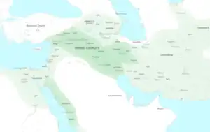 Blank map of the Middle East, with green shaded areas for the Abbasid Caliphate, and the major regions and provinces marked