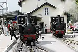 Two steam locomotives at the Achensee Railway platform.