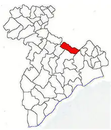 Simple map of Giurgiu showing Adunații-Copăceni in red at the middle edge of the county