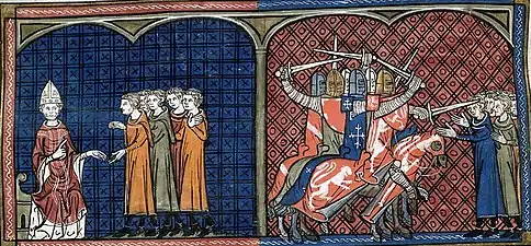 Two illuminations: the pope admonishing a group of people and mounted knights attacking unarmed people with swords