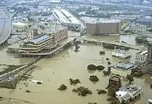 Aerial helicopter image of flooding in an urban area at the confluence of two bayous. The water level nearly reaches treetops.