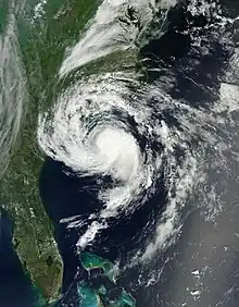 A satellite image of Tropical Storm Ana near the Atlantic Coast of South Carolina on May 9, 2015.