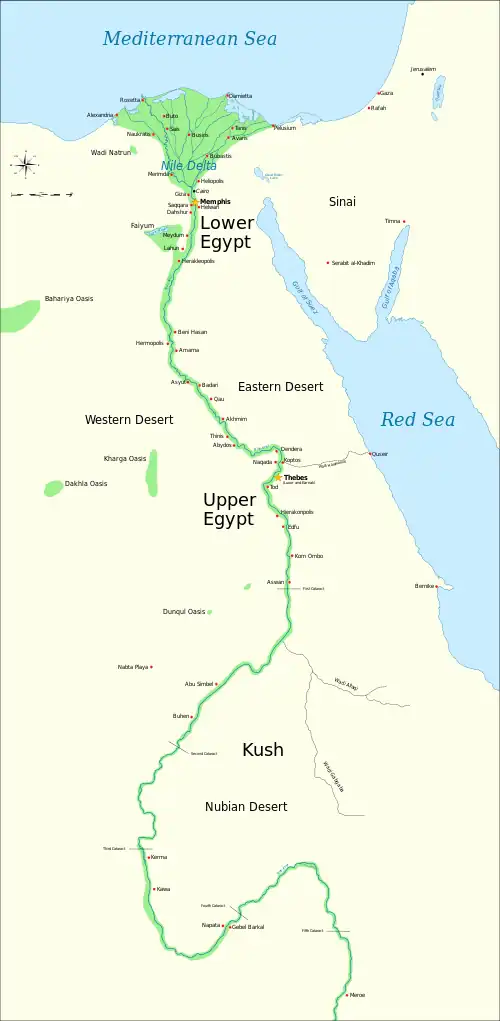 Map of ancient Egypt, showing major cities and sites of the Dynastic period (c. 3150 BC to 30 BC)