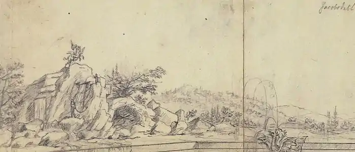 Drawing of Andromeda Cliff (Swedish: Andromedaklippan) in Ulriksdal Palace park (c. 1664) for Erik Dahlberg's Suecia Antiqua et Hodierna