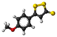 Ball-and-stick model of the anethole trithione molecule