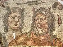 Oceanus wearing crab-claw horns, with Tethys (Roman-era mosaic)