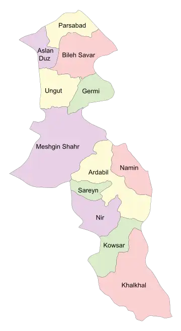 Location of Sareyn County in Ardabil province (center, green)