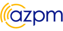 The lowercase letters a z p m in blue. The a is single-story and has a yellow ring around it, part of which is a segment with three ring segments suggesting a signal.