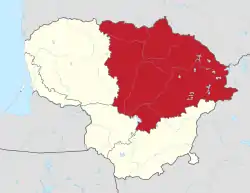 Map indicating the location of Aukštaitija within Lithuania