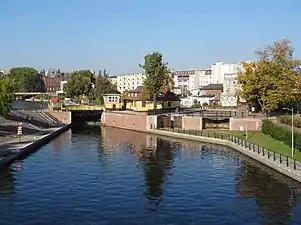 View of the city lock (in water on the left) and the trapezoidal lock (on the right side)