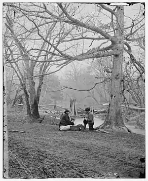 Ruins of a CS railroad bridge at Blackburns Ford  on Bull Run river south east of the Stone Bridge at Bull Run. Railroad was  built by the Confederate army to run supplies to the army encamped some 5 miles from Manassas Junction