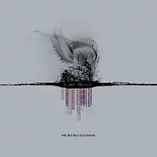 A swirling black pattern rising from a black shape, from which a pixelized pattern descends.  The words "Nine Inch Nails Bleedthrough" are featured below that.