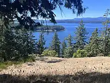 A view looking over Georgeson Bay in Galiano Island, seen from the Bluffs Park Lookout Trail.