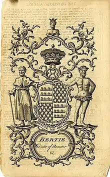 A bookplate showing the coat of arms for Bertie, Duke of Ancaster