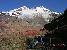 Boulder Glacier in 2003 with its 1985 terminus in red