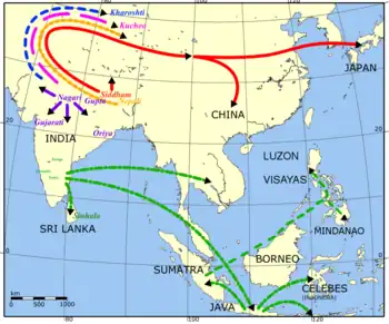 Spread of Brahmic family of scripts (and Kharosthi) from India