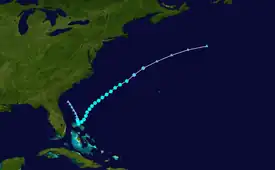 Storm track of a tropical storm that formed east of Florida and moved northeast out to sea