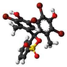 Ball-and-stick model of the bromocresol green molecule in cyclic form