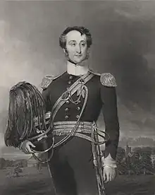 Standing three-quarter length engraved portrait of Sir Brook Bridges in uniform, carrying a helmet with long feathers and carrying a sword