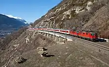 Former City Night Line train from Amsterdam and Hamburg shortly before arriving at the winter terminus of Brig, Switzerland