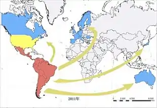 A world map. South America and Mexico are red, the United States is yellow, and Canada, Japan, Australia, the United Kingdom, Scandinavia, Romania, and most of Western Europe is blue.