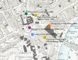 A map with coloured dots marking the proposed locations of stations