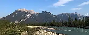 Chetamon Mountain (left), Esplanade Mountain, and Gargoyle Mountain seen from Snaring River