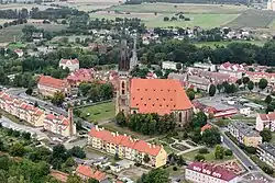 Aerial view of the town with the St. Mary's church in the middle